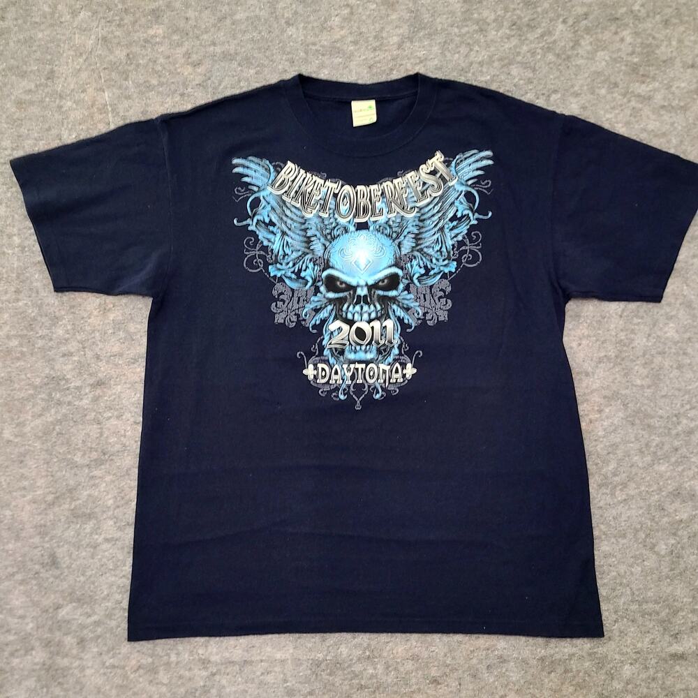 Daytona Biker Shirt Mens Extra Large Blue 2011 Biketoberfest Skull With WIngs